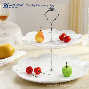 Modèle occidental Royal Pattern Pure White Fine Ceramic Round Wedding Deux couches en gâteau Plate, Crystal Cake Stand